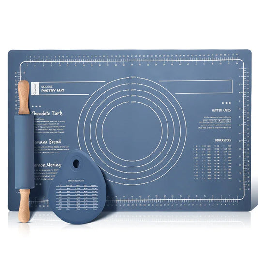 Dark Blue 3-Piece Silicone Baking Set - Non-Stick Pastry Mat with Measurements, Rolling Pin & Dough Scraper - Mekamart Australia