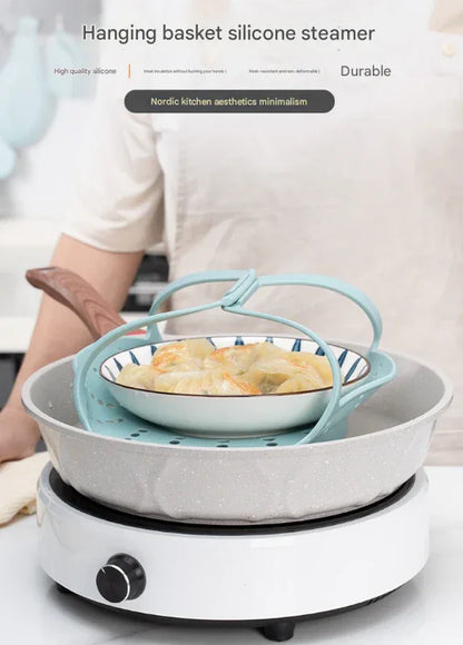 Small Blue Flexible Silicone Steamer Basket with Heat-Resistant Handles - Food-Grade Vegetable Steamer Insert for Pots & Pans - Mekamart Australia