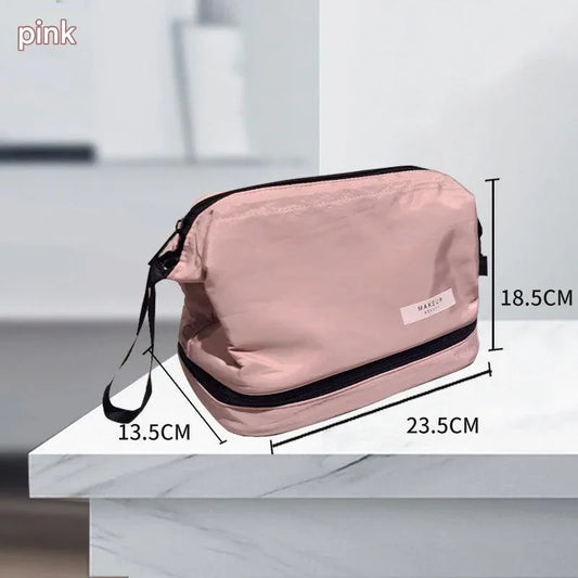 Pink Chic Dual-Compartment Makeup & Toiletry Bag - Large Capacity Travel Organizer with Brush Holder - Mekamart Australia