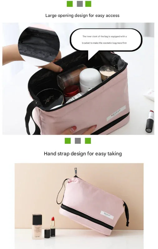 Pink Chic Dual-Compartment Makeup & Toiletry Bag - Large Capacity Travel Organizer with Brush Holder - Mekamart Australia