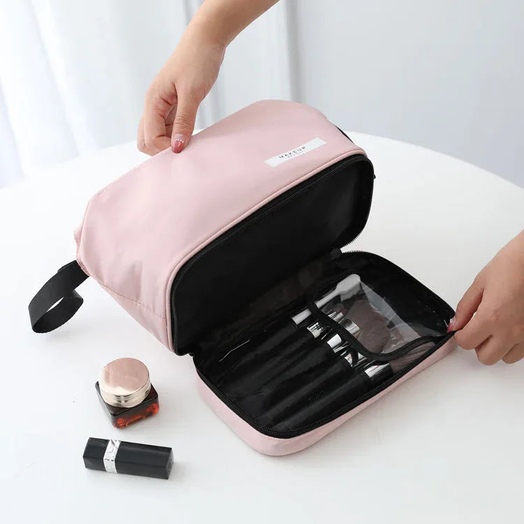 Grey Chic Dual-Compartment Makeup & Toiletry Bag - Large Capacity Travel Organizer with Brush Holder - Mekamart Australia