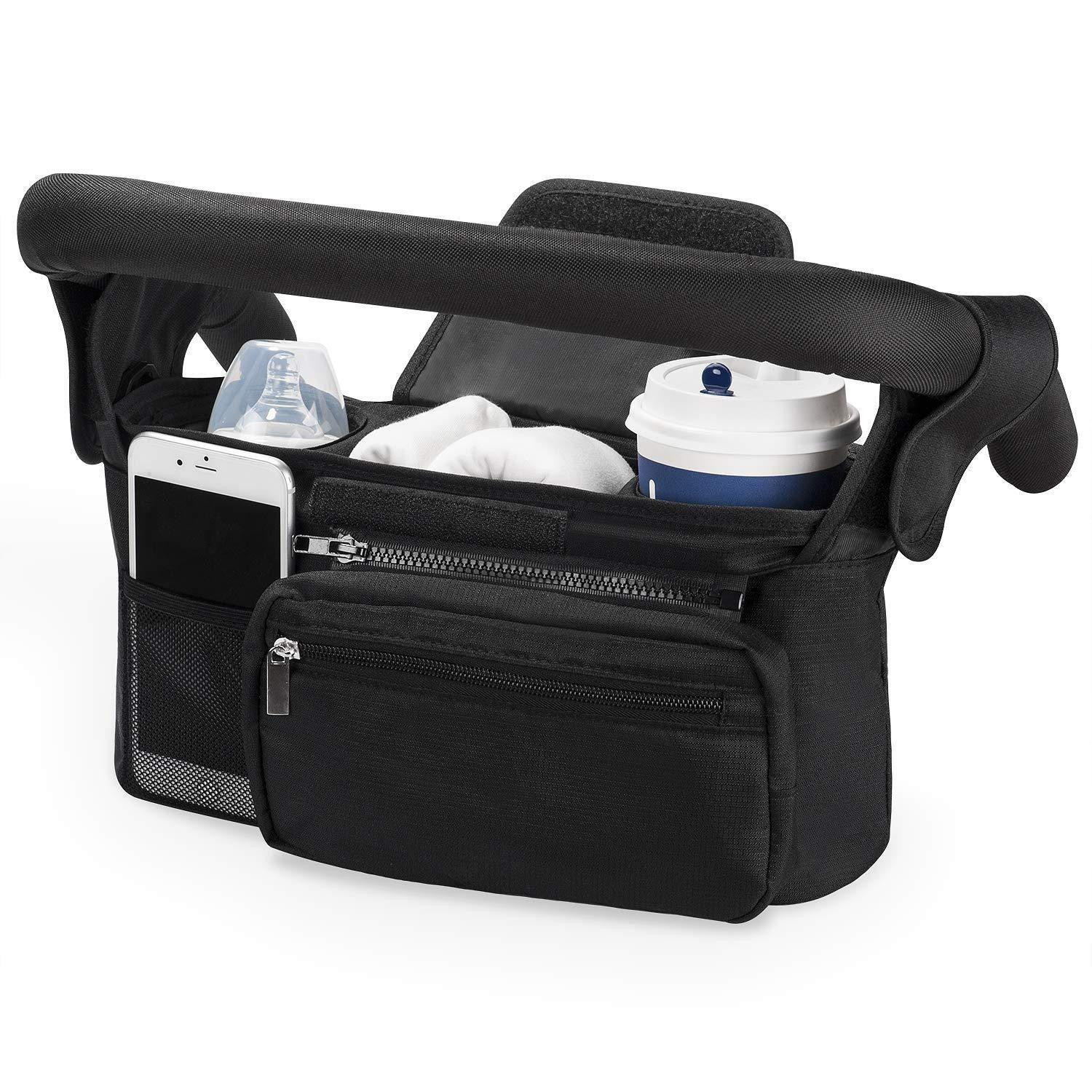 Black Universal Stroller Organiser Caddy with Insulated Cup Holders and Detachable Wristlet - Mekamart Australia