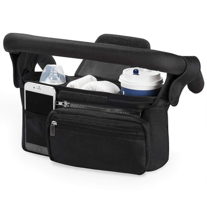 Black Universal Stroller Organiser Caddy with Insulated Cup Holders and Detachable Wristlet - Mekamart Australia