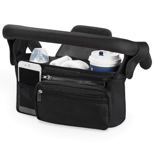 Black Universal Stroller Organiser Caddy with Insulated Cup Holders and Detachable Wristlet - Mekamart Australia