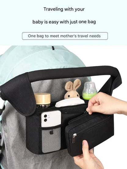 Black Universal Stroller Organiser Caddy with Insulated Cup Holders and Detachable Wristlet - Mekamart Australia