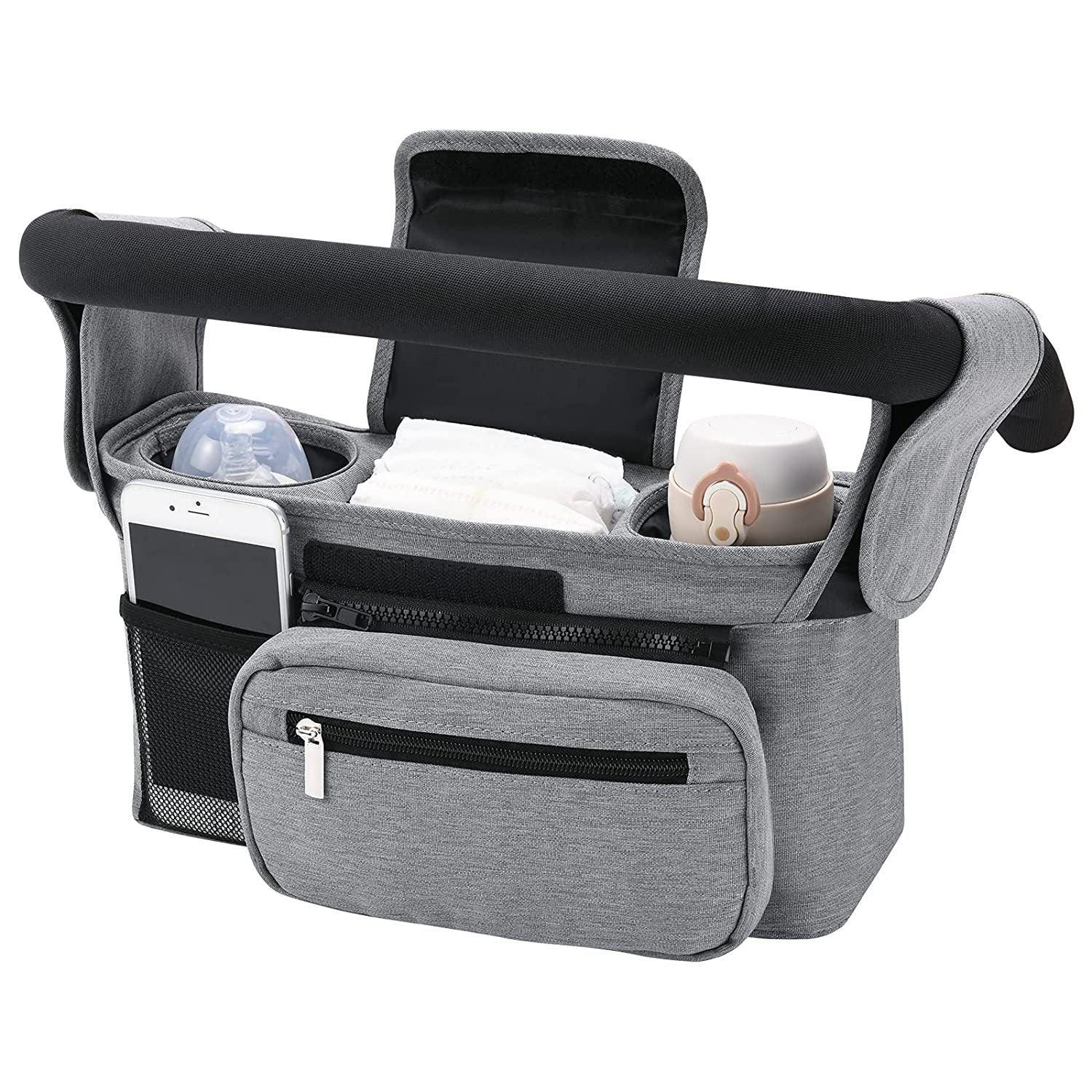 Grey Universal Stroller Organiser Caddy with Insulated Cup Holders and Detachable Wristlet - Mekamart Australia