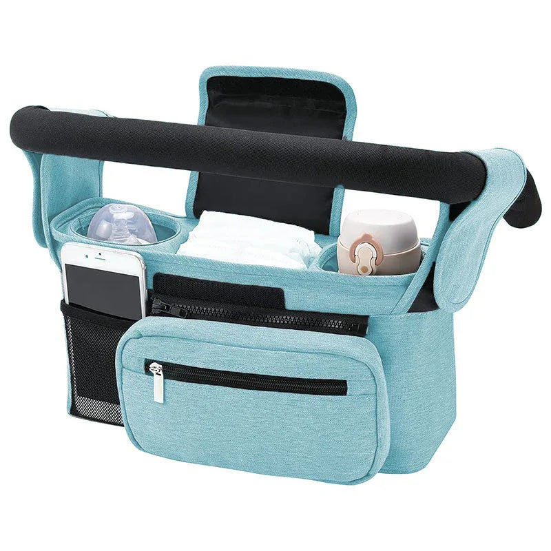 Blue Universal Stroller Organiser Caddy with Insulated Cup Holders and Detachable Wristlet - Mekamart Australia