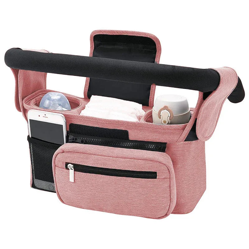 Pink Universal Stroller Organiser Caddy with Insulated Cup Holders and Detachable Wristlet - Mekamart Australia