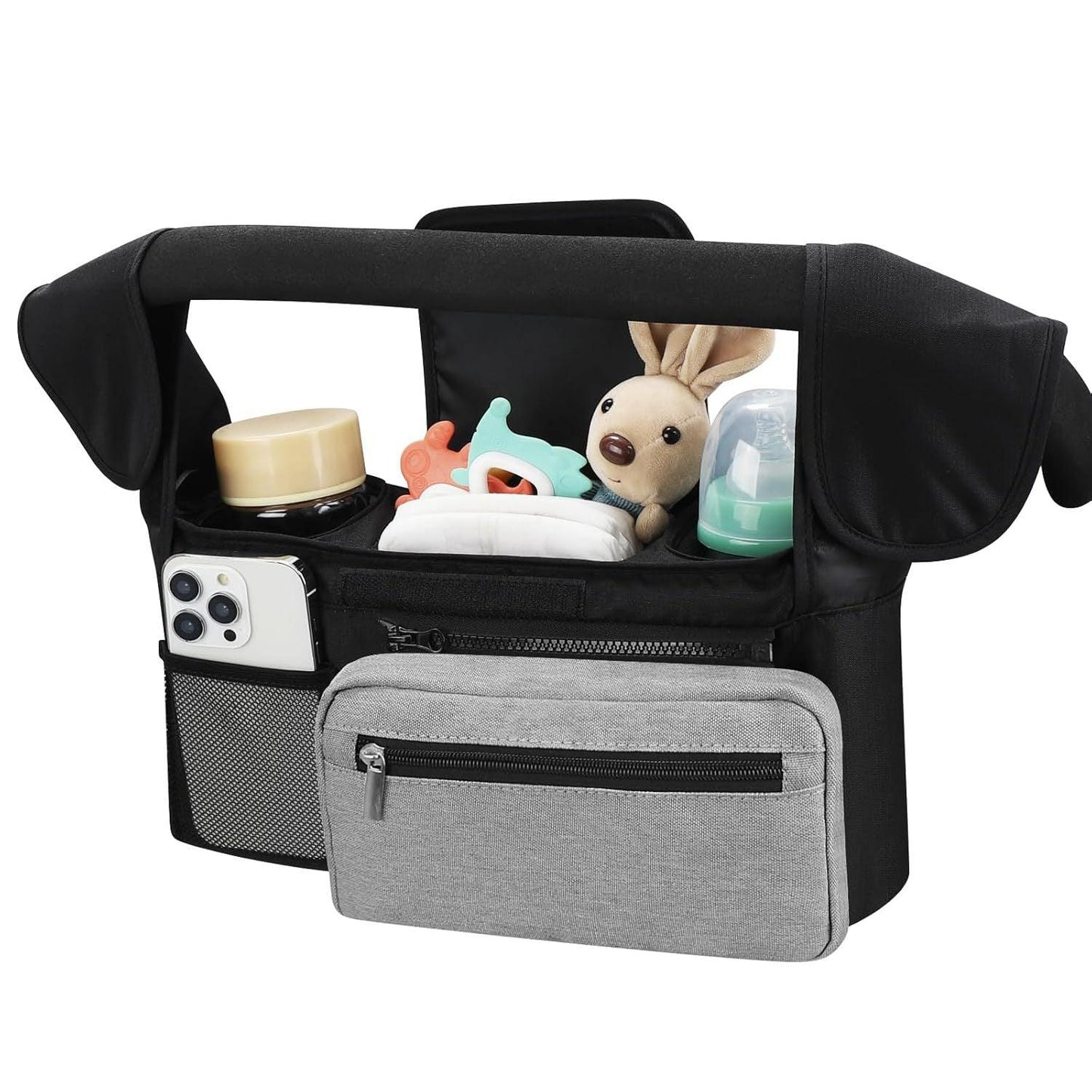 Black and Gray Stitching Universal Stroller Organiser Caddy with Insulated Cup Holders and Detachable Wristlet - Mekamart Australia