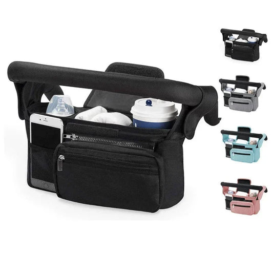 Black and Gray Stitching Universal Stroller Organiser Caddy with Insulated Cup Holders and Detachable Wristlet - Mekamart Australia