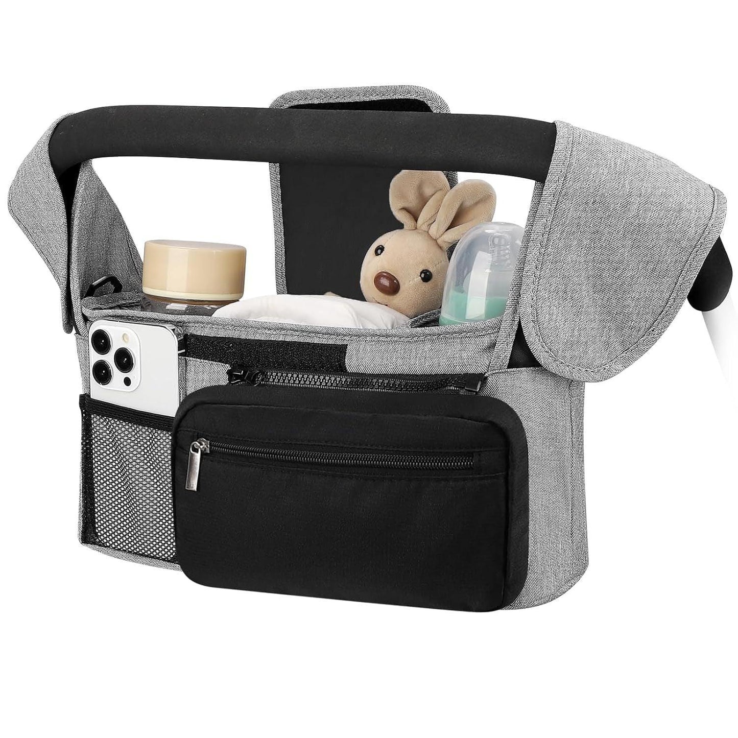 Grey and Black Stitching Universal Stroller Organiser Caddy with Insulated Cup Holders and Detachable Wristlet - Mekamart Australia
