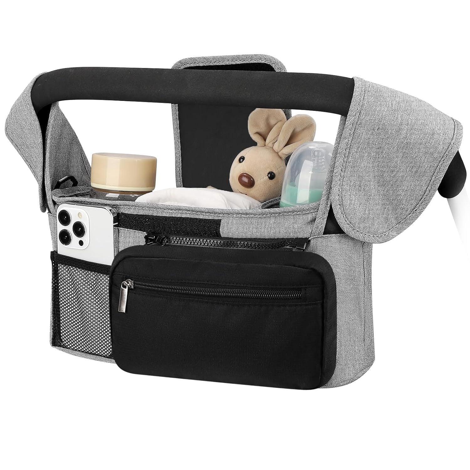 Grey and Black Stitching Universal Stroller Organiser Caddy with Insulated Cup Holders and Detachable Wristlet - Mekamart Australia
