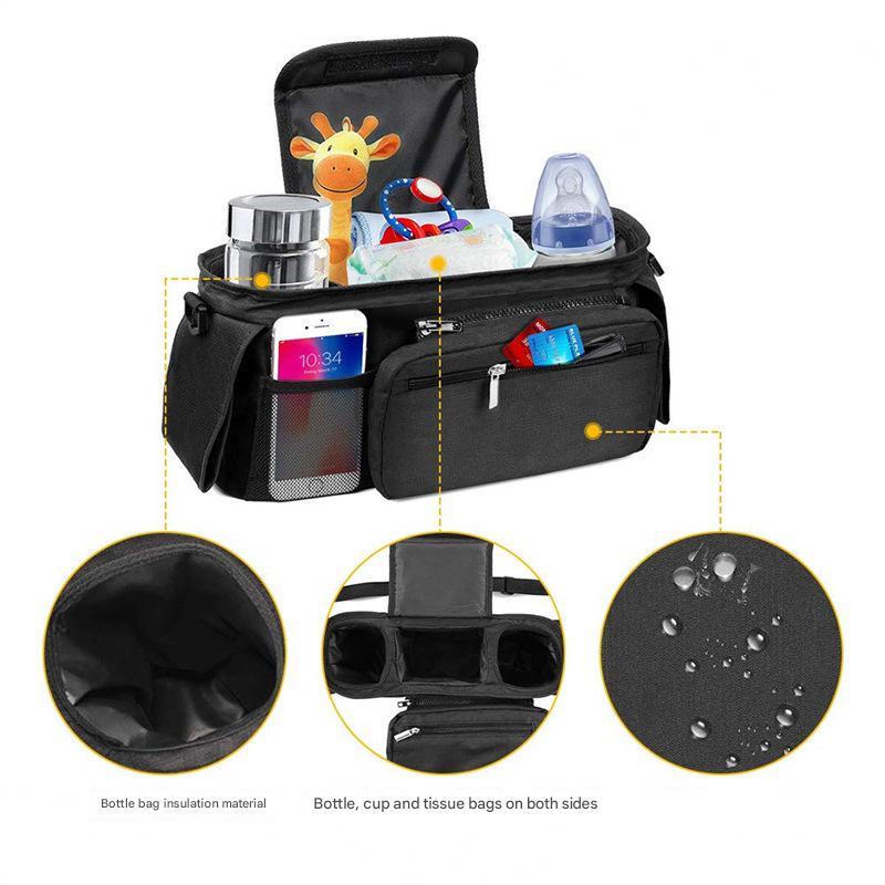 Grey and Black Stitching Universal Stroller Organiser Caddy with Insulated Cup Holders and Detachable Wristlet - Mekamart Australia