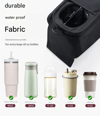 Grey and Black Stitching Universal Stroller Organiser Caddy with Insulated Cup Holders and Detachable Wristlet - Mekamart Australia