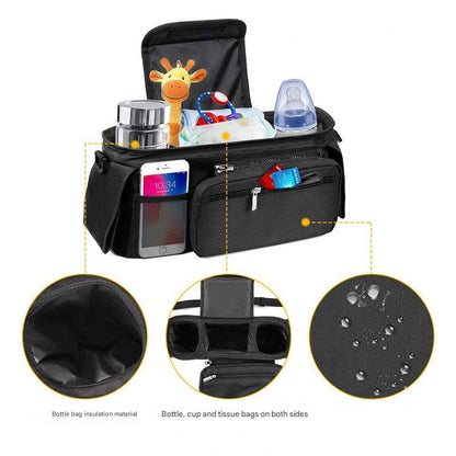 Black and Pink Stitching Universal Stroller Organiser Caddy with Insulated Cup Holders and Detachable Wristlet - Mekamart Australia