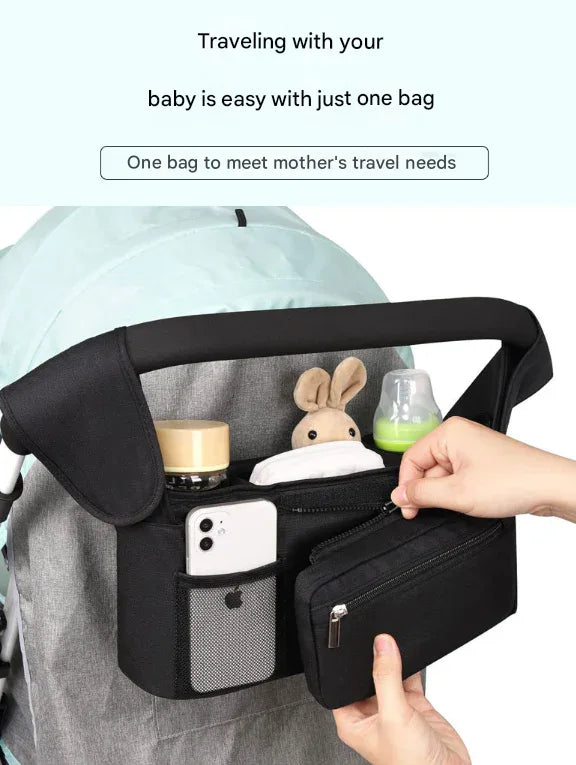 Black and Pink Stitching Universal Stroller Organiser Caddy with Insulated Cup Holders and Detachable Wristlet - Mekamart Australia