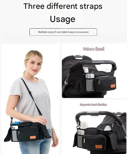 Black and Pink Stitching Universal Stroller Organiser Caddy with Insulated Cup Holders and Detachable Wristlet - Mekamart Australia