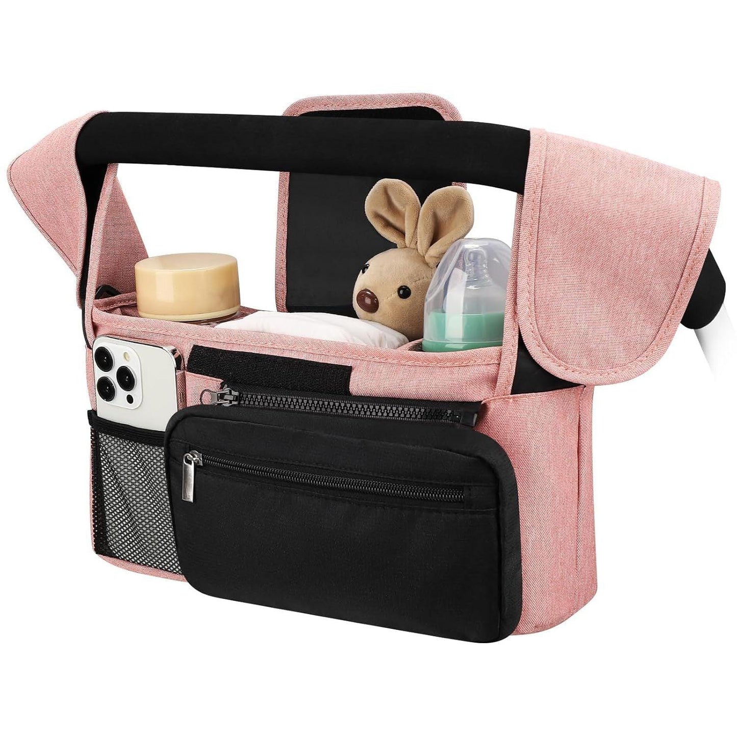 Pink and Black Stitching Universal Stroller Organiser Caddy with Insulated Cup Holders and Detachable Wristlet - Mekamart Australia