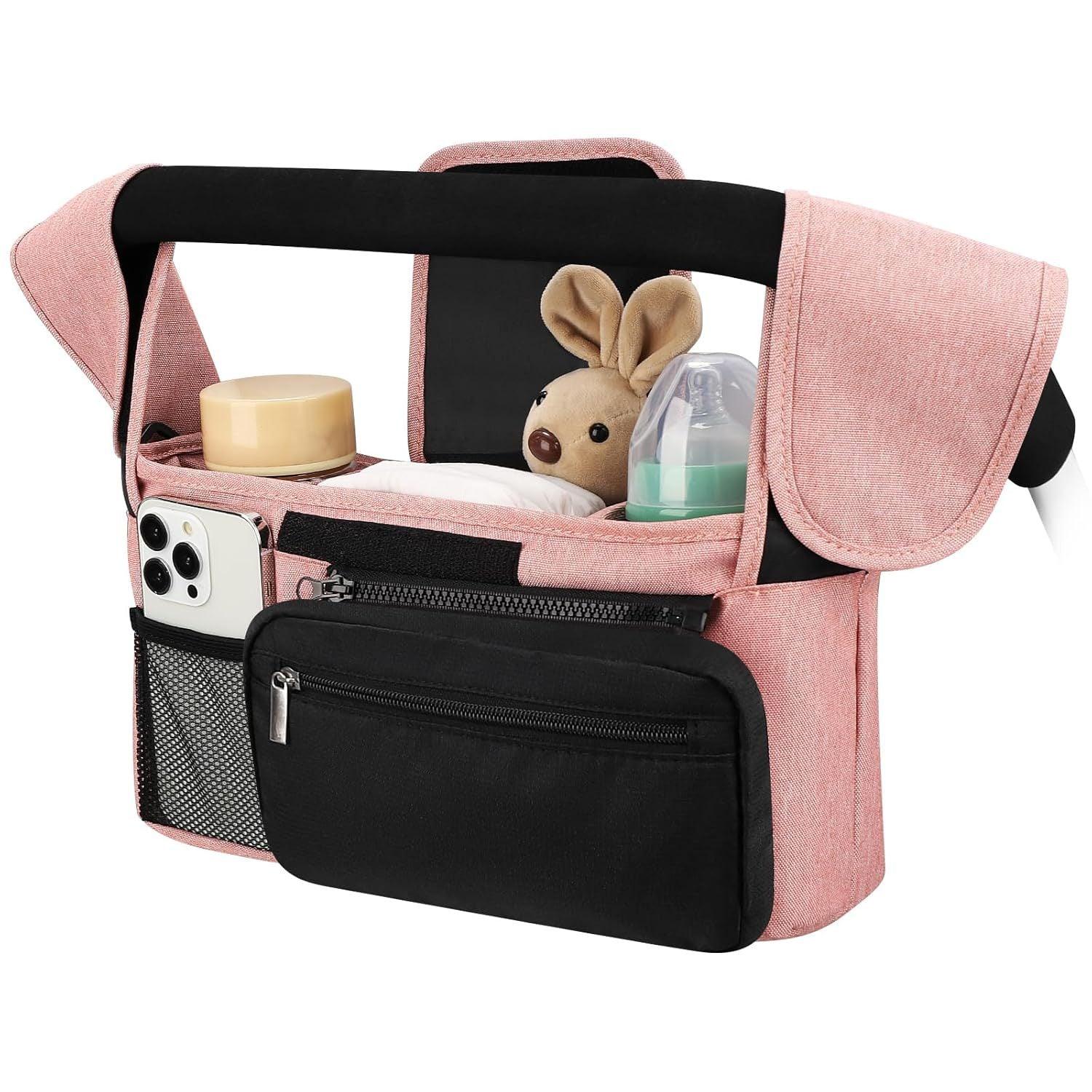 Pink and Black Stitching Universal Stroller Organiser Caddy with Insulated Cup Holders and Detachable Wristlet - Mekamart Australia