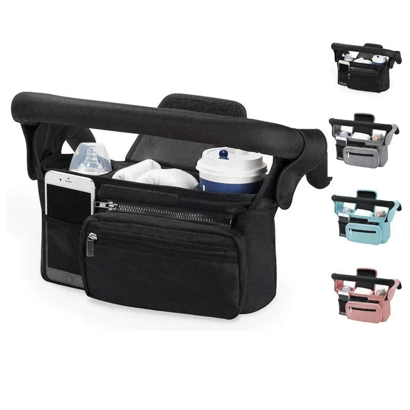 Pink and Black Stitching Universal Stroller Organiser Caddy with Insulated Cup Holders and Detachable Wristlet - Mekamart Australia