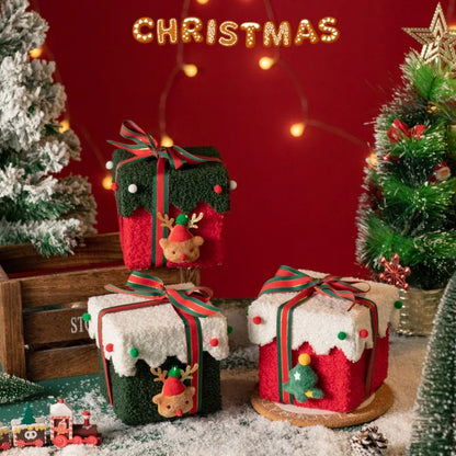Red and Green Luxe Plush Christmas Gift Box - Decorative Holiday Treat Box with Snowy Trim - Mekamart Australia