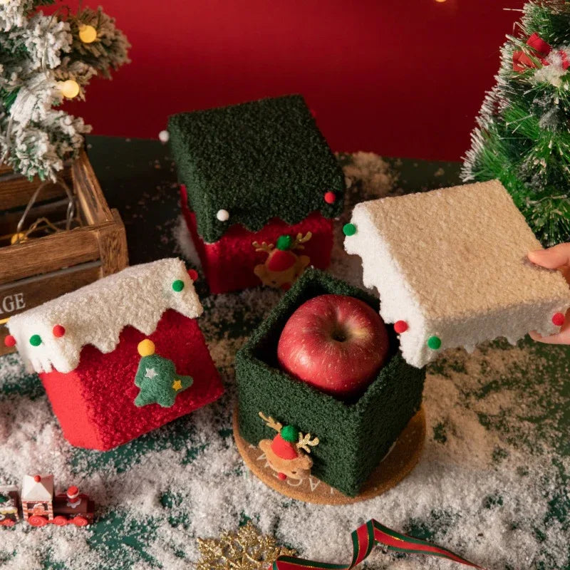 Red and Green Luxe Plush Christmas Gift Box - Decorative Holiday Treat Box with Snowy Trim - Mekamart Australia