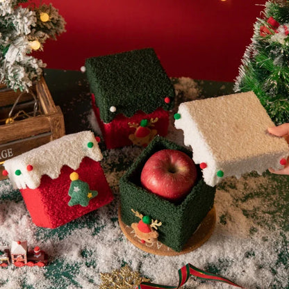 Red and Green Luxe Plush Christmas Gift Box - Decorative Holiday Treat Box with Snowy Trim - Mekamart Australia