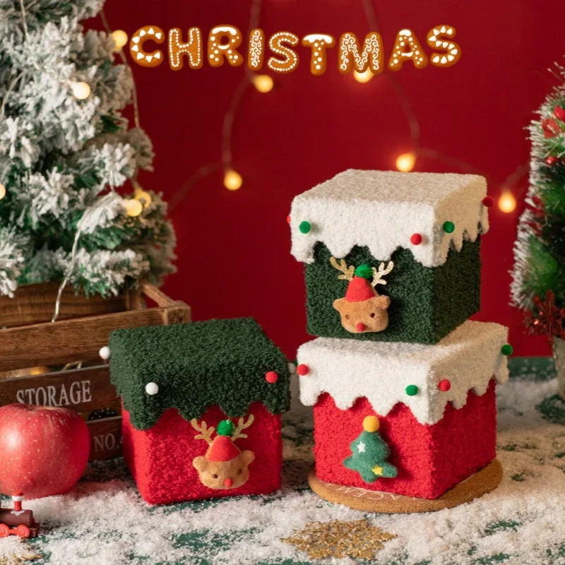 White and Green Luxe Plush Christmas Gift Box - Decorative Holiday Treat Box with Snowy Trim - Mekamart Australia