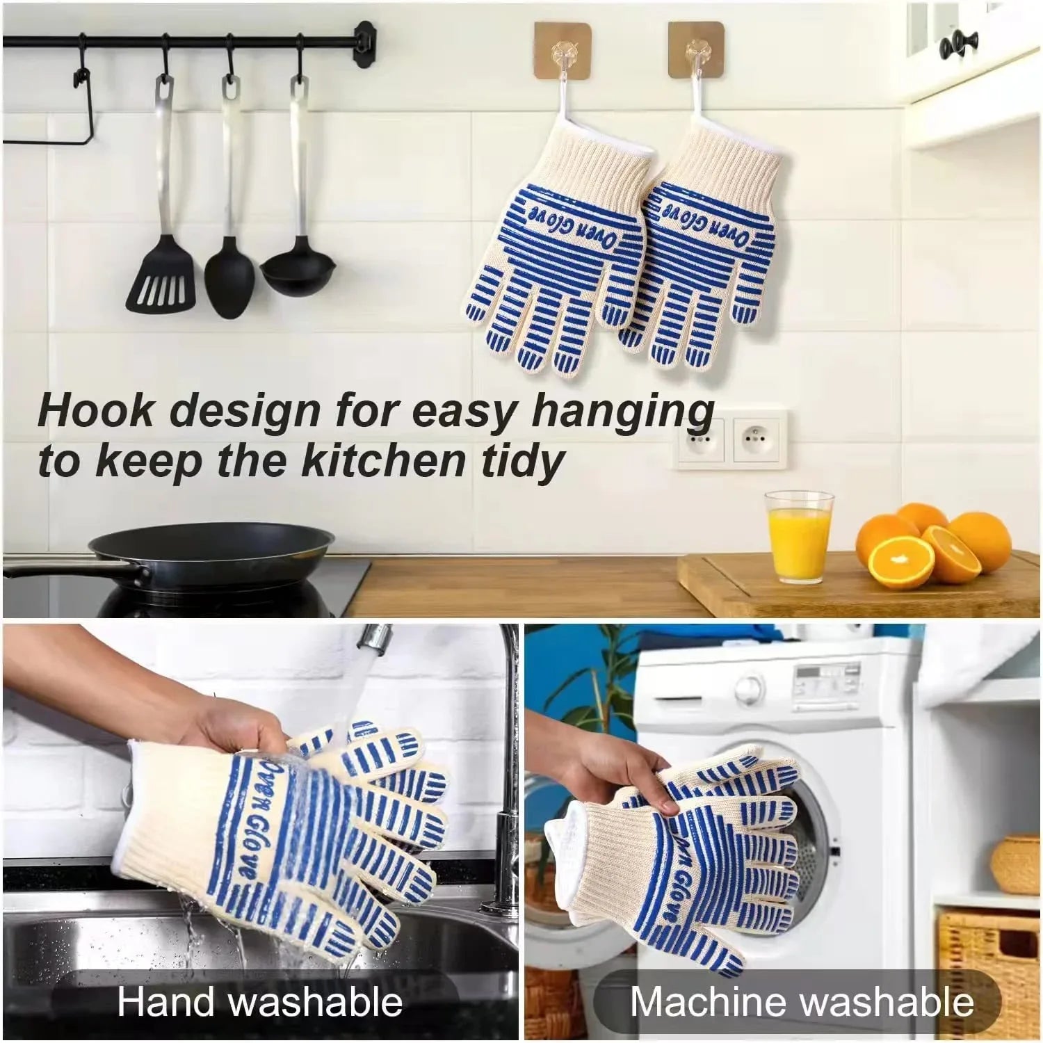 Blue and White Extreme Heat Resistant BBQ Gloves - Cut-Resistant Oven Mitts with Non-Slip Silicone Grip - Mekamart Australia