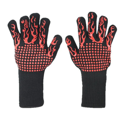Red Flame Pattern Extreme Heat Resistant BBQ Gloves - 500°C Flame Design Oven Gloves with Non-Slip Silicone Grip - Mekamart Australia