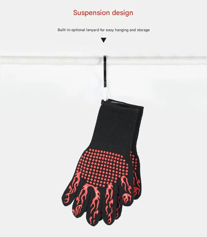 Red Flame Pattern Extreme Heat Resistant BBQ Gloves - 500°C Flame Design Oven Gloves with Non-Slip Silicone Grip - Mekamart Australia