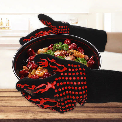 Red Flame Pattern Extreme Heat Resistant BBQ Gloves - 500°C Flame Design Oven Gloves with Non-Slip Silicone Grip - Mekamart Australia