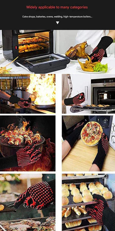Black Flame Pattern Extreme Heat Resistant BBQ Gloves - 500°C Flame Design Oven Gloves with Non-Slip Silicone Grip - Mekamart Australia