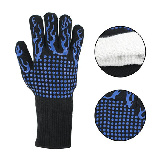 Blue Flame Pattern Extreme Heat Resistant BBQ Gloves - 500°C Flame Design Oven Gloves with Non-Slip Silicone Grip - Mekamart Australia