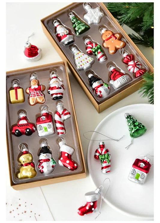 Style A Colorful Charming Miniature Glass Christmas Ornament Set - 9pc Classic Holiday Figures - Mekamart Australia