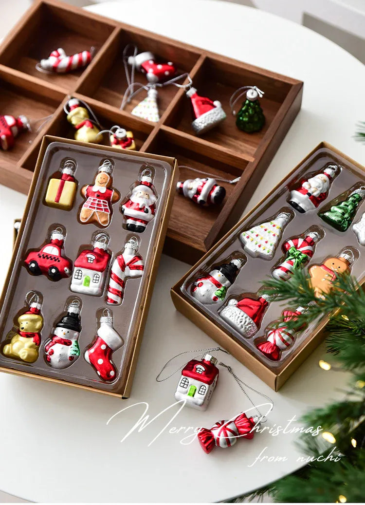 Style A Colorful Charming Miniature Glass Christmas Ornament Set - 9pc Classic Holiday Figures - Mekamart Australia