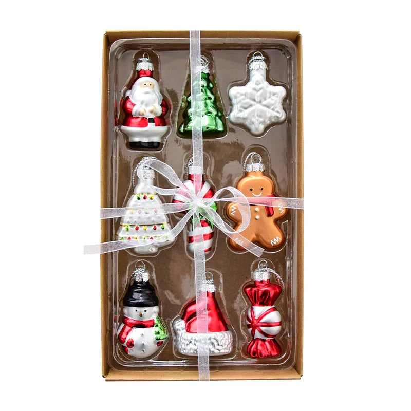 Style A Colorful Charming Miniature Glass Christmas Ornament Set - 9pc Classic Holiday Figures - Mekamart Australia