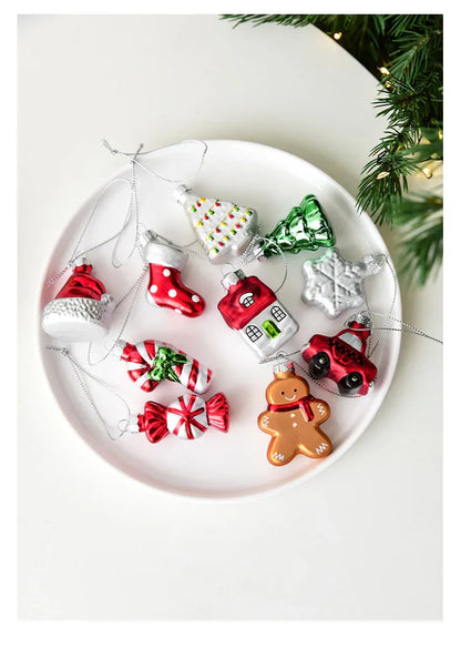 Style C Colorful Dainty Miniature Glass Christmas Ornament Set - 6pc Micro Holiday Characters - Mekamart Australia