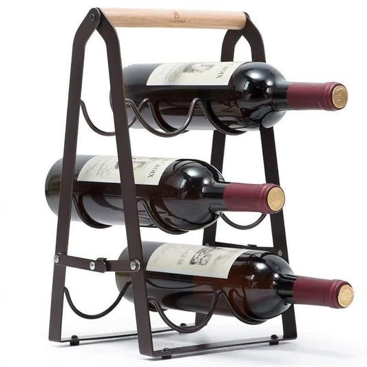 Rustic 6-Bottle Foldable Wine Rack - Metal Countertop Holder with Wooden Handle - Mekamart Australia