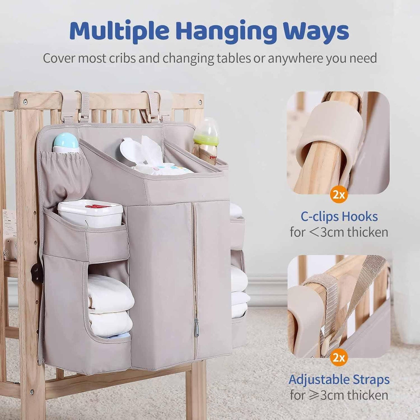 Light Grey Nursery Storage Organizer - Heavy Duty Reinforced Hanging Diaper Caddy for Crib or Wall (58x30x50 cm) - Mekamart Australia