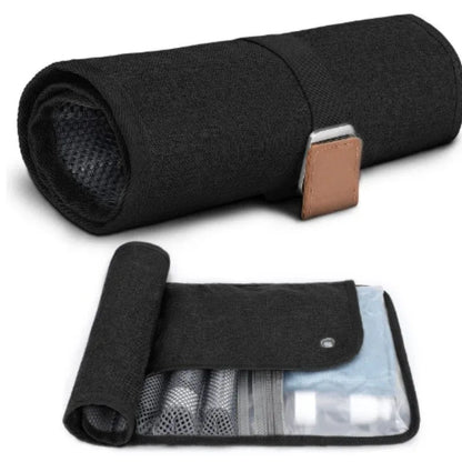 Black Men's PU Leather Toiletry Bag - Waterproof Travel Organizer for Shaving Kits & Bathroom Accessories (50.8x25.4 cm unfolded, 25.4 cm rolled) - Mekamart Australia