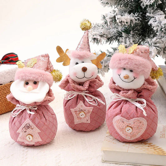 3 Pack Pink Christmas Drawstring Gift Bags Plush 3D Santa Snowman Reindeer Candy Pouches for Holiday Favours - Mekamart Australia