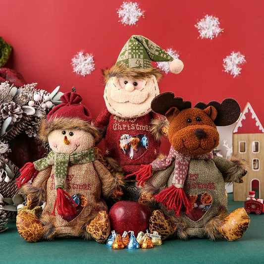 3 Pack Christmas Plush Treat Bags Santa Snowman Reindeer Gift Sacks with Heart Window Cute Holiday Candy Holders Ideal for Kids Parties - Mekamart Australia