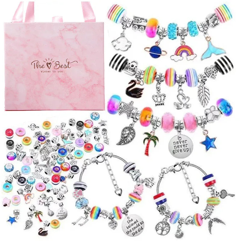 93 Piece DIY Charm Bracelet and Necklace Making Kit for Girls Creative Jewelry Craft Set with Rainbow Beads and Silver Pendants Ideal Kids Gift - Mekamart Australia