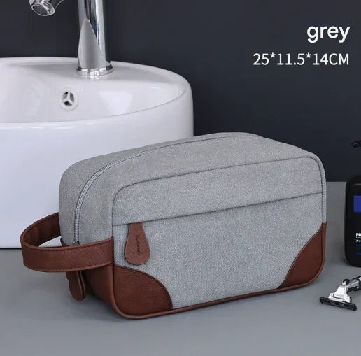 Grey Men's Vintage Canvas Toiletry Bag PU Leather Accent Travel Wash Pouch Large Capacity Shaving Kit Organiser - Mekamart Australia