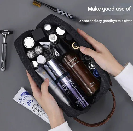 Grey Men's Vintage Canvas Toiletry Bag PU Leather Accent Travel Wash Pouch Large Capacity Shaving Kit Organiser - Mekamart Australia