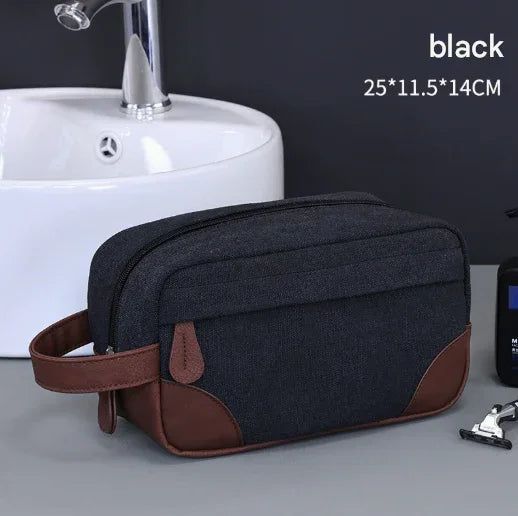 Black Men's Vintage Canvas Toiletry Bag PU Leather Accent Travel Wash Pouch Large Capacity Shaving Kit Organiser - Mekamart Australia