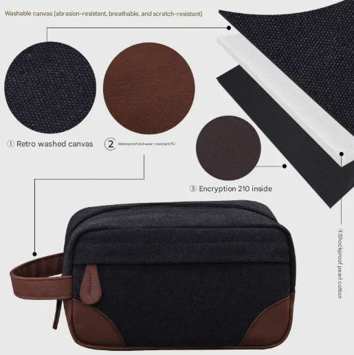 Black Men's Vintage Canvas Toiletry Bag PU Leather Accent Travel Wash Pouch Large Capacity Shaving Kit Organiser - Mekamart Australia