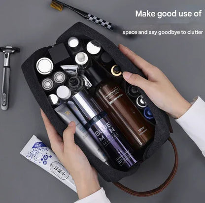 Black Men's Vintage Canvas Toiletry Bag PU Leather Accent Travel Wash Pouch Large Capacity Shaving Kit Organiser - Mekamart Australia
