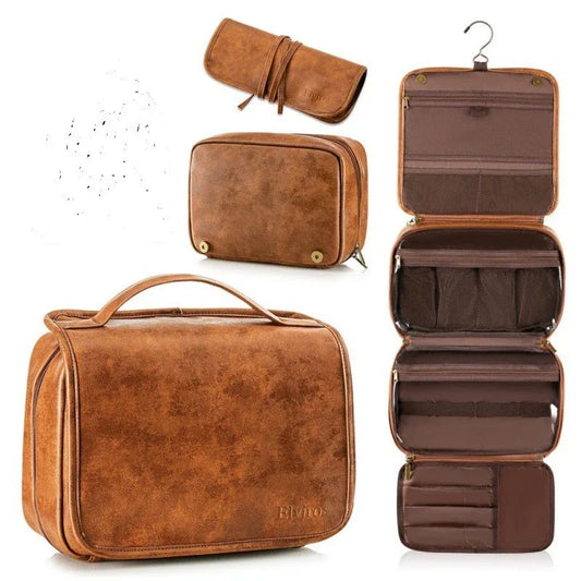 Brown Large Hanging Toiletry Bag Waterproof Leather Travel Organiser 4 Compartment Cosmetic Case with Swivel Hook Ideal for Holidays - Mekamart Australia